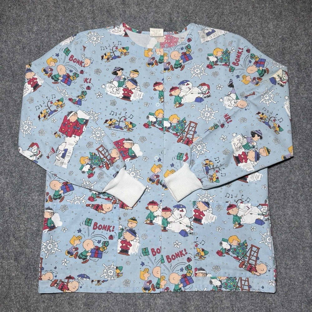 VTG Peanuts Scrub Top Snoopy Charlie Brown Christmas Theme Snap Size M USA Made